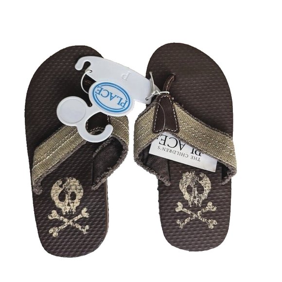 NWT The Children's Place Boys Brown Flip Flop Sandal Skull Slip-On 10-11… - Picture 4 of 7